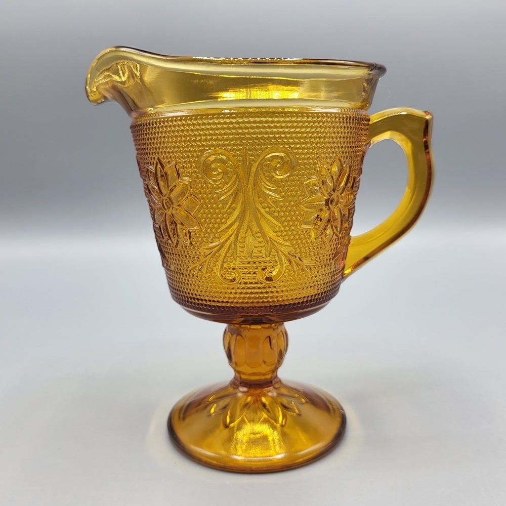 Vintage Tiara Sandwich Glass Creamer Pitcher Floral Scroll Pedestal Amber